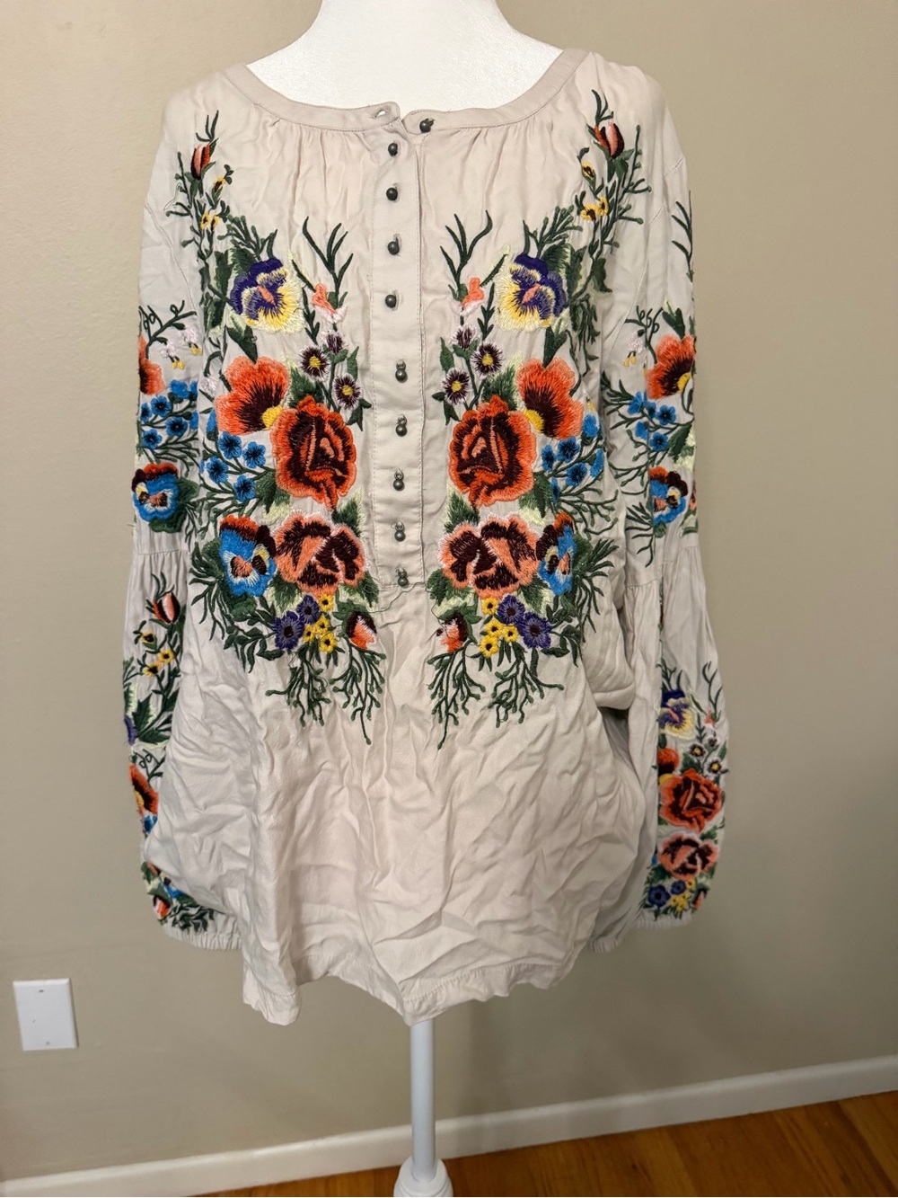 Sundance Cream Peasant Tunic with Multicolor Floral Embroidery
